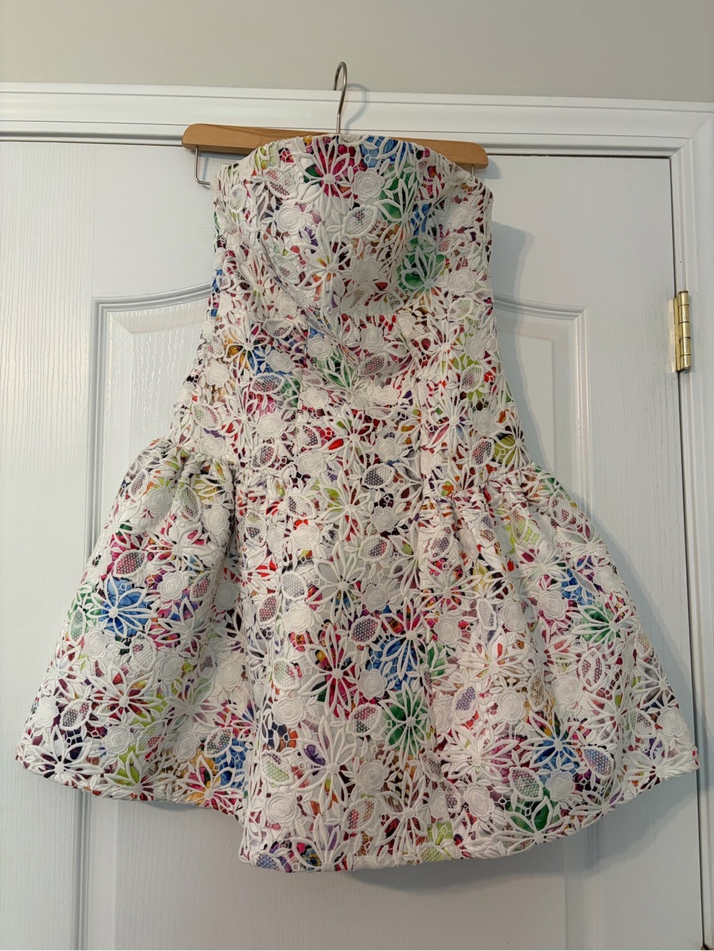 Strapless White Floral Lace Dress with Multicolor Underlay